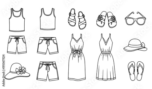 A collection of black and white line art illustrations of summer clothing and accessories including dresses shorts tops shoes hats and sunglasses arranged in rows on a plain background