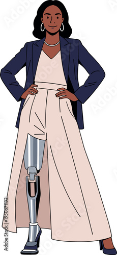 Confident woman with a prosthetic leg standing on transparent background