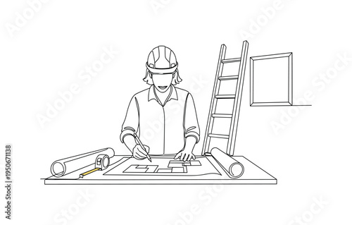Architect or engineer drawing blueprints with tools and ladder in the background