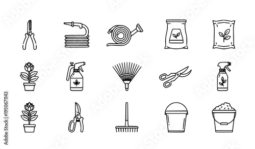 A set of flat black line art illustrations of various gardening tools and plants on a white background