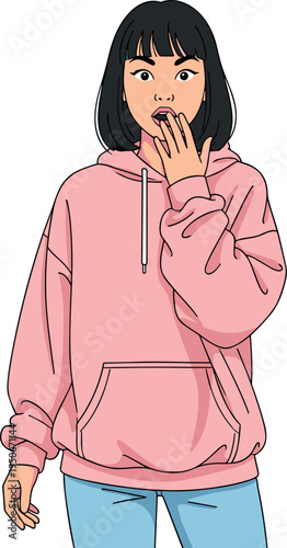 A young woman wearing a pink hoodie on transparent background