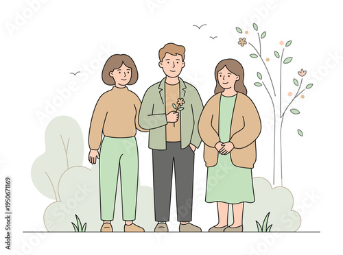 People enjoying spring holiday standing together outdoors and smiling calmly in fresh daylight, minimalist flat vector