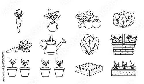 A set of black and white line art illustrations depicting various gardening icons and symbols including vegetables plants gardening tools and planters on a white background