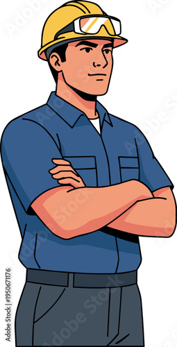 A confident cartoon man wearing a hard hat and safety goggles on transparent background