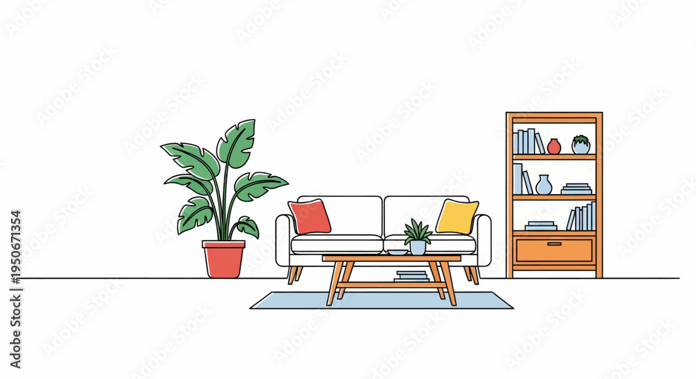Fototapeta premium White Sofa with Pillows and Coffee Table.