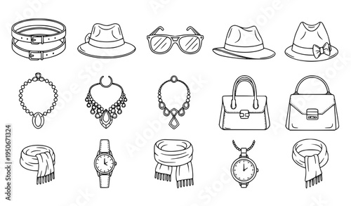 A collection of fashion accessories including hats purses jewelry watches and scarves in a minimalist line art style on a white background