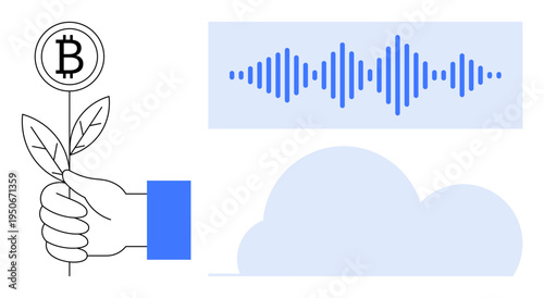 Cryptocurrency integration. Cryptocurrency symbol connected with cloud computing and soundwave analytics highlights blockchain growth. Cryptocurrency applied in finance, cloud tools, and innovation