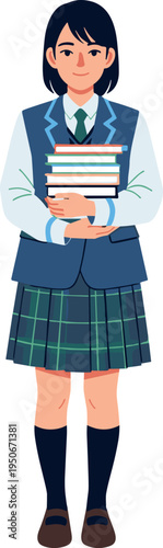 A young schoolgirl wearing a uniform and holding books on transparent background