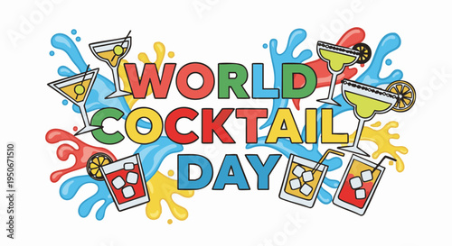 Colorful World Cocktail Day celebration graphic with splashes and drinks in vibrant playful lighting for advertising