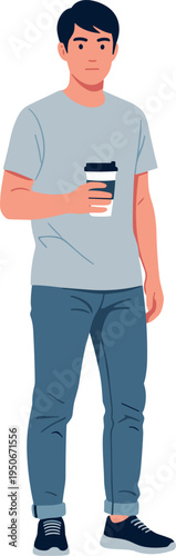 A young man holding a coffee cup on transparent background