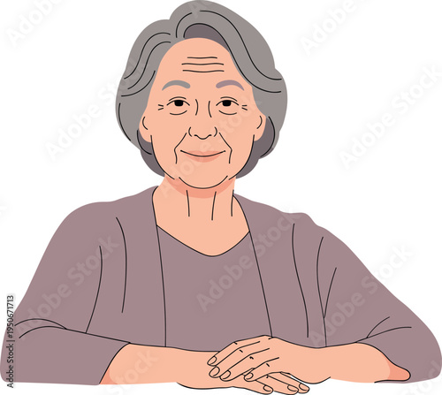 An elderly Asian woman with short gray hair sitting on transparent background