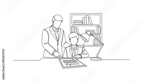 Mentor guiding employee to sign important document at desk with bookshelf and lamp