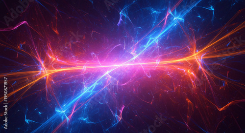 Abstract glowing energy beams crossing in vibrant blue and orange light