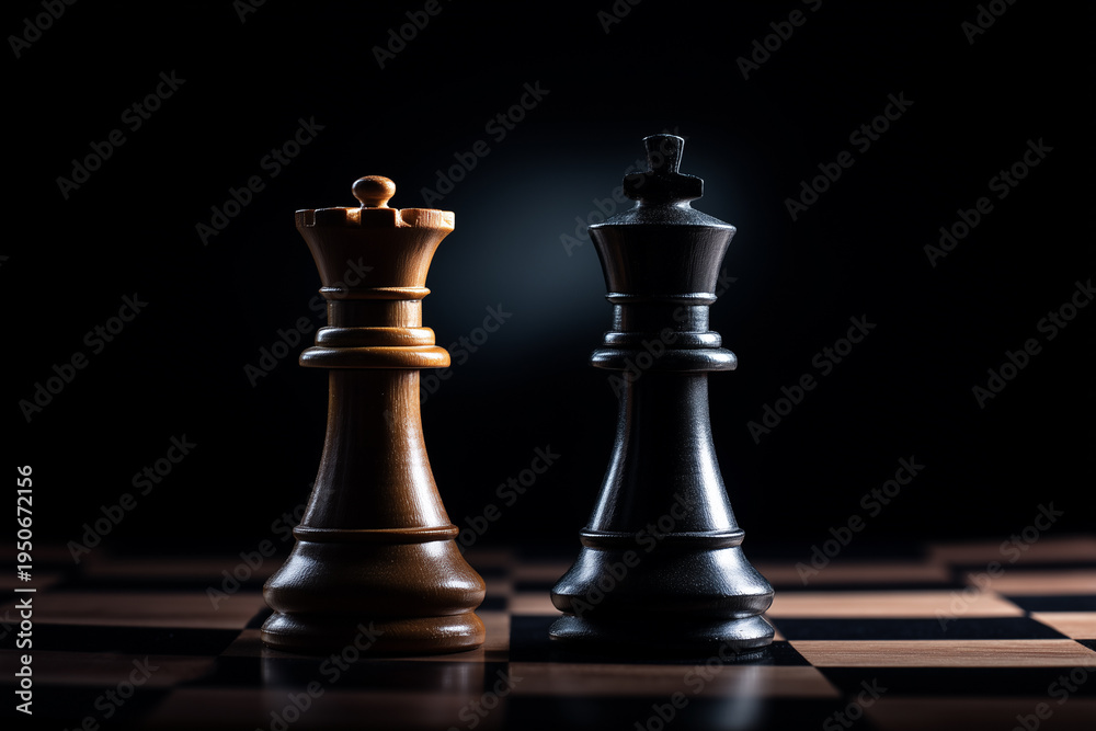 Fototapeta premium Two chess pieces facing each other on a dark chessboard.