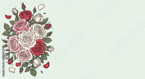 Vintage Rose Bouquet Illustration with Petals Falling.