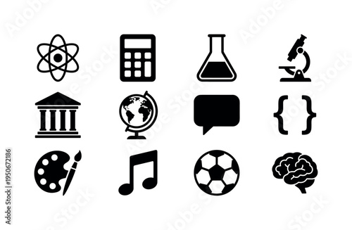 Collection of diverse educational and hobby icons representing science, math, art, music, and sports