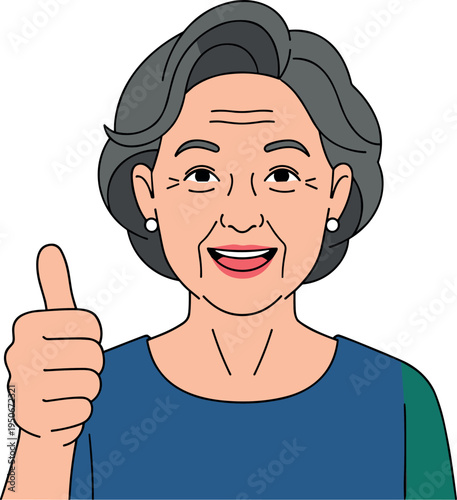 A smiling senior woman giving a thumbs up on transparent background
