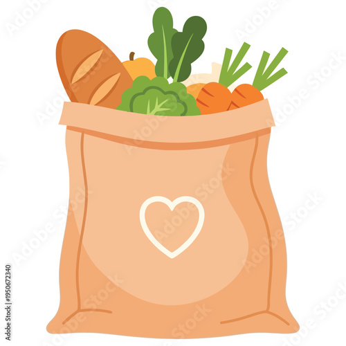 A heart-filled bag of colorful fresh vegetables and bread from the market