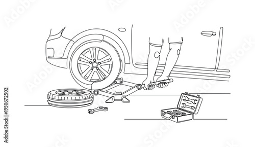 Person using a car jack to lift a vehicle for tire change, with tools nearby