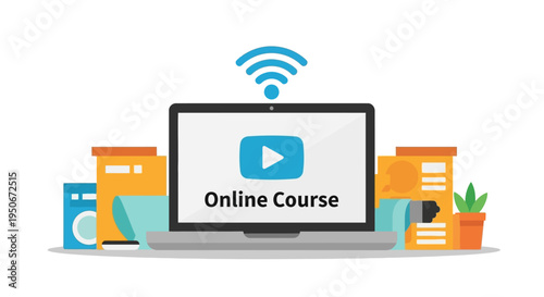Laptop with Online Course on Screen.