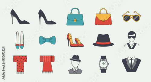 Fashion accessories and clothing icons.