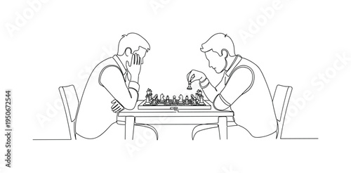 Two men playing chess, one contemplating his next move, the other looking thoughtful