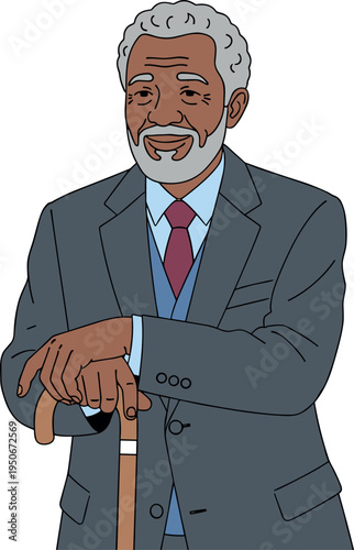 A confident older man in a suit standing with a cane on transparent background