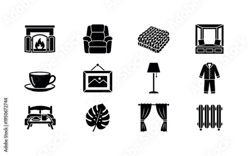 Indoor fireplace screen icon, plush recliner chair symbol, chunky knit blanket icon, window bay seat symbol, ceramic teacup saucer