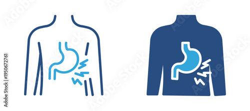 Stomach pain icon set. Human torso with highlighted stomach and pain marks, abdominal pain, digestive problem and medical symptom concept. Vector illustration.