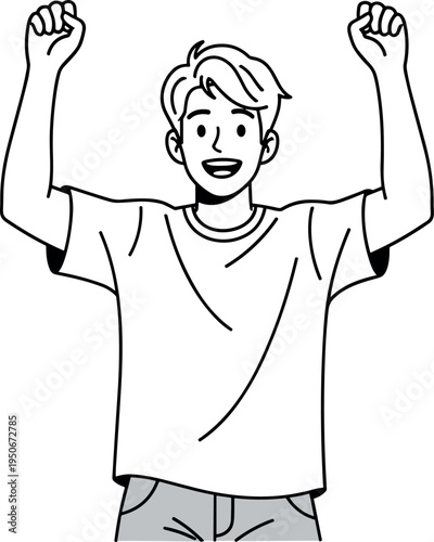 A young man celebrating with his fists raised on transparent background