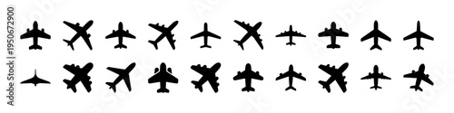 Multiple Airplane Silhouettes Flying in Different Directions on a White Background
