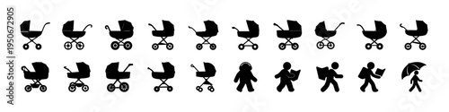 Baby Stroller and Parenting Activity Silhouettes Set - Collection of baby stroller silhouettes and parenting activity icons, ideal for childcare, family lifestyle, and parenting design concepts.