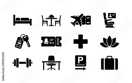 Travel reservation airplane icon, cruise reservation ship icon, villa rental reservation house icon, coworking desk reservation