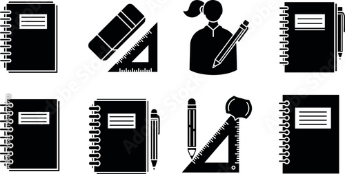 A set of black and white icons featuring school and office supplies on transparent background