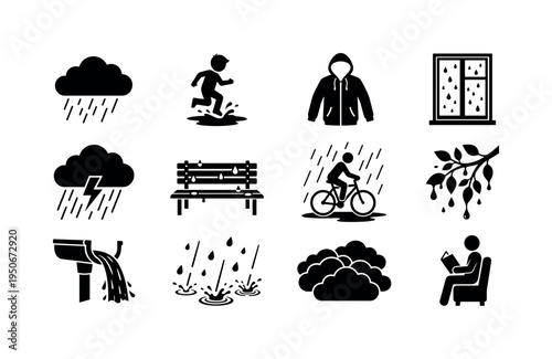 Cloudburst rain icon, person holding raincoat hood symbol, tall rain boots pair icon, dripping umbrella icon, lightning over house