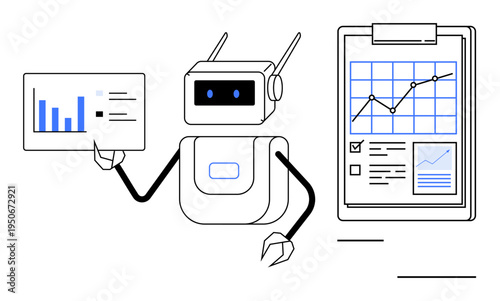 Automation, AI analytics, data visualization, business performance, financial reporting, productivity tools. Robot holding a chart near a graphical report. Automation and AI analytics concept