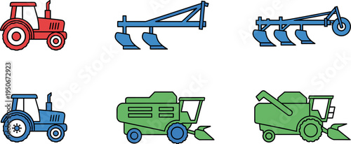 A set of colorful farming vehicles and equipment on transparent background