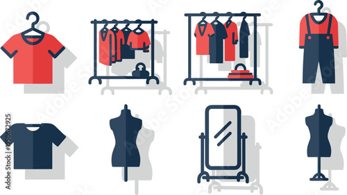 Various clothing items and mannequins on display on transparent background