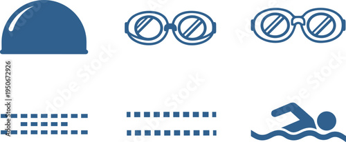 A set of blue swimming icons on transparent background