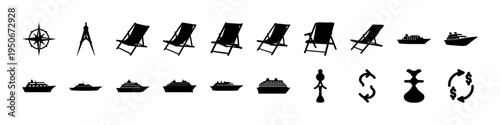 Navigation and Marine Icons Silhouettes Collection Set - Collection of navigation and marine silhouettes including anchors, ships, compasses, and travel symbols, ideal for nautical, exploration, and t