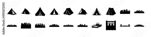 Black Mountain and Landscape Silhouette Icon Set - Collection of black silhouette icons featuring mountains, hills, and natural landscapes, useful for outdoor themes, maps, hiking guides, and travel d
