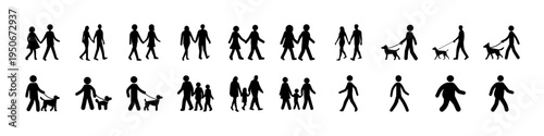 Stick Figure Dog Walking and Pet Activity Icons - Collection of black stick figure silhouettes showing people walking dogs, pet activities, and pedestrians, useful for parks, pet care signs, and navig