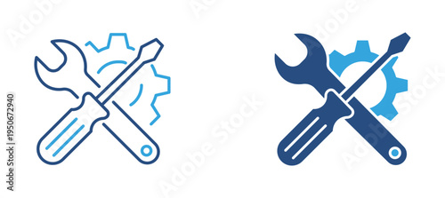 Tools maintenance icon set. Crossed wrench and screwdriver with gear, repair service, technical support and equipment maintenance concept. Vector illustration.