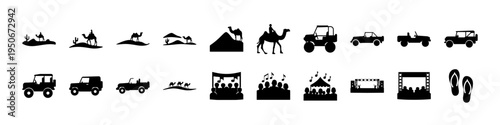 Black Vehicle and Transportation Silhouette Icon Set - Collection of black silhouette icons featuring various vehicles including cars, trucks, tractors, boats, and transport symbols for mobility and t