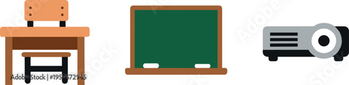 An illustration of a school desk, blackboard, and projector on transparent background