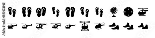Black Footprints and Helicopter Silhouette Icon Set - Collection of black silhouette icons including human footprints, helicopters, and boats, useful for travel, transportation, navigation, and path g