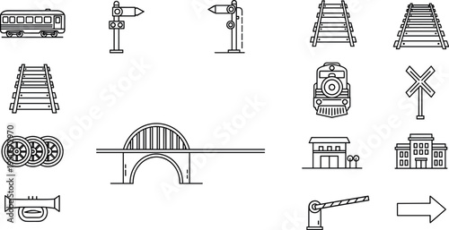 A collection of black and white railroad icons on transparent background