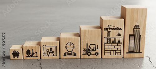 Wooden Blocks With Industry Icons Arranged in Ascending Order on Floor construction