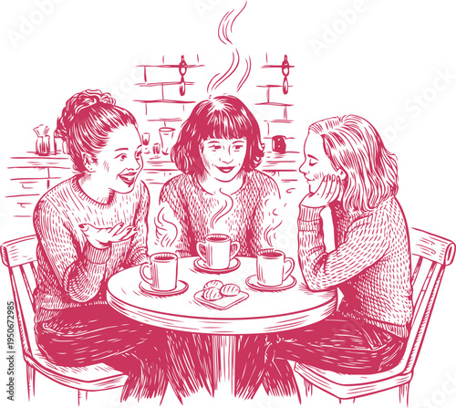 Three Friends Enjoying Coffee Conversation at Cozy Café Table Illustration