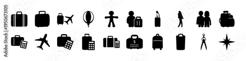 Black Travel and Luggage Silhouette Icon Set - Collection of black travel silhouette icons including suitcases, luggage, travelers, airplane, and tourism symbols for transportation, airport services, 